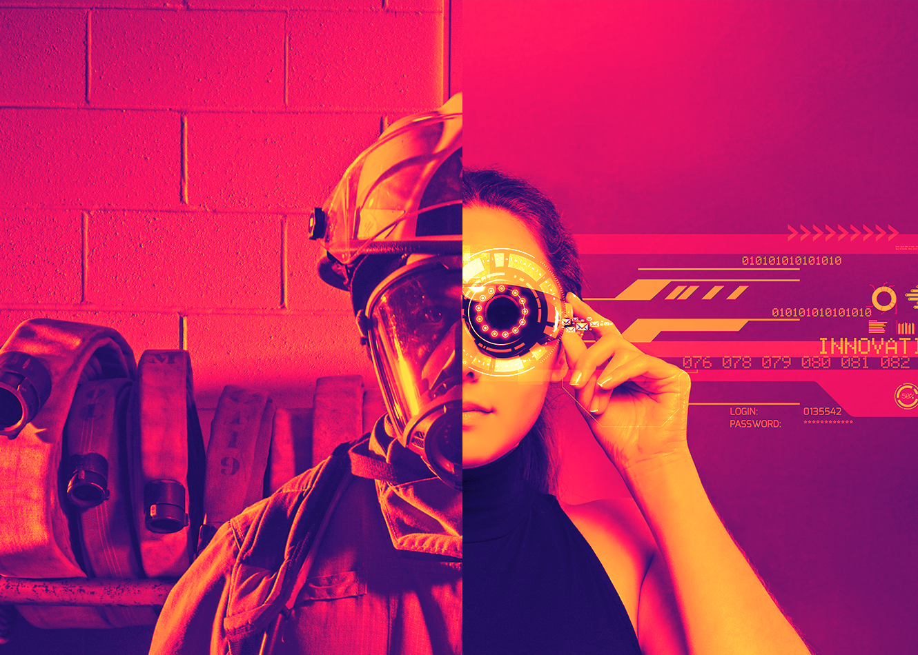 This is the graphic for NIST PSCR's SXSW 2020 Panel, entitled "This is NOT a Game: VR and AR for Public Safety. It shows a split screen of a firefighter and a technologist holding up AR hardware.
