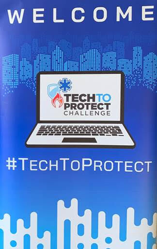 This image shows a blue background with a white laptop and the text "Welcome" and "#TechtoProtect"