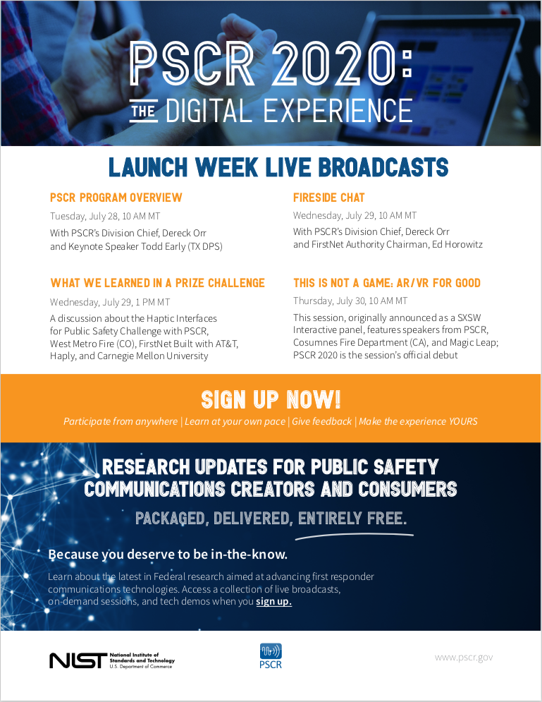 This flyer details the live sessions to take place at PSCR 2020