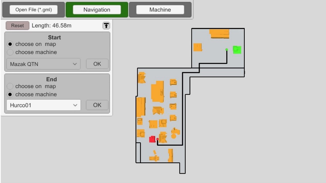 Tablet view of a factory. There are a number of machines with a path traced between two of them. 