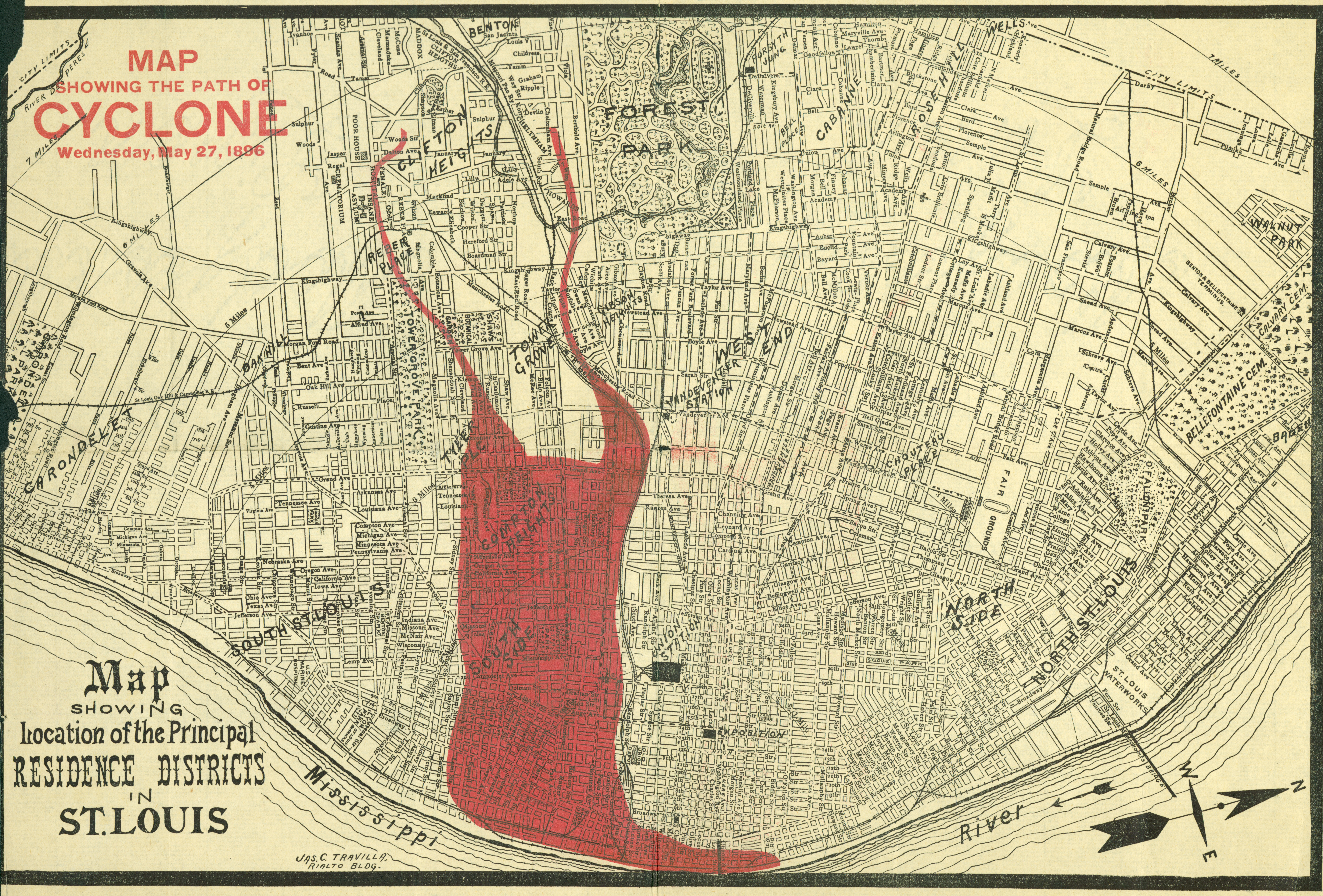 Map showing the path of the Cyclone, Wednesday, May 27, 1896. Superimposed on Map showing location of the Principal Residence Districts in St. Louis.