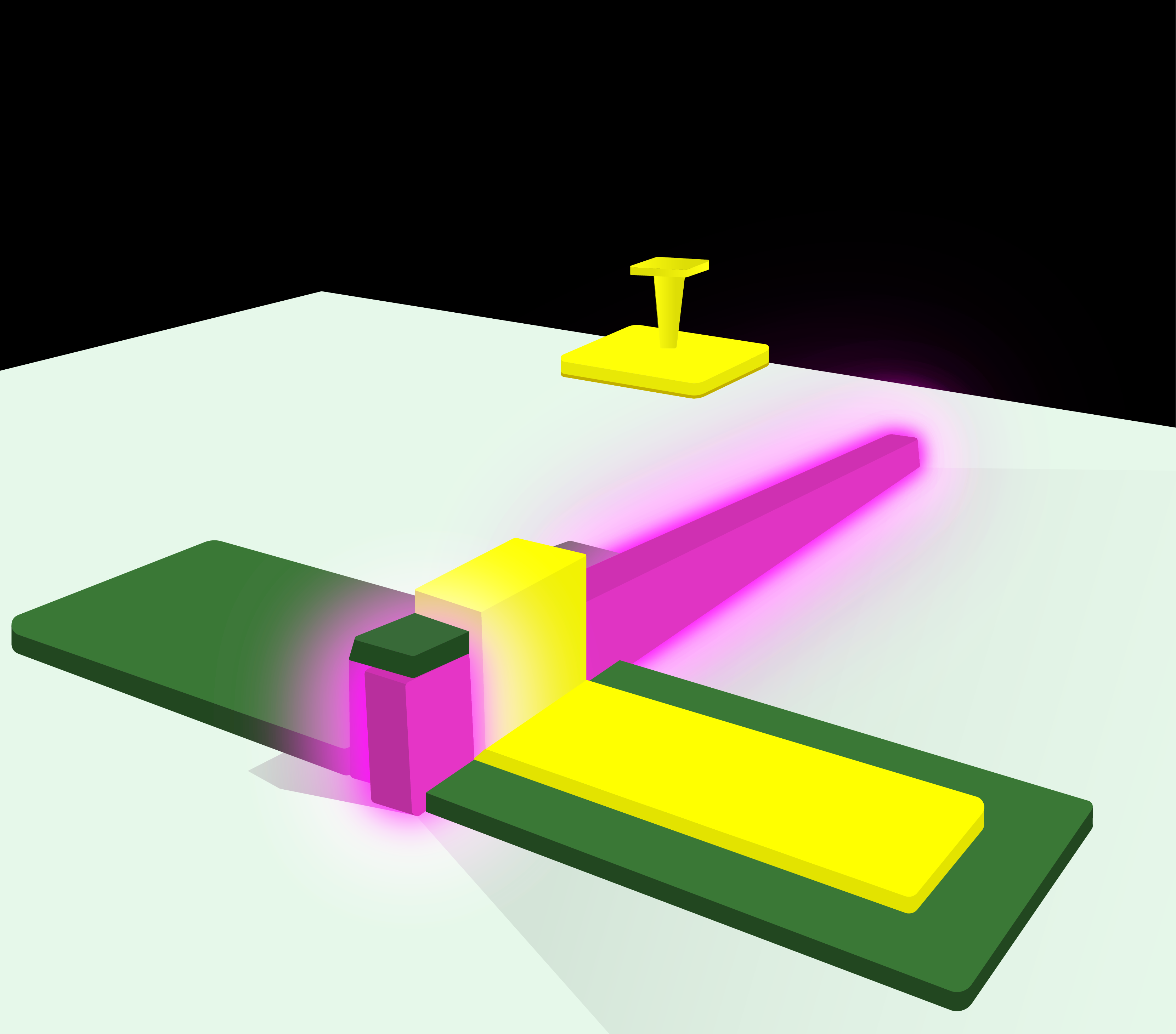 A glowing purple bar representing the LED is attached to a green surface by a yellow metal contact. 