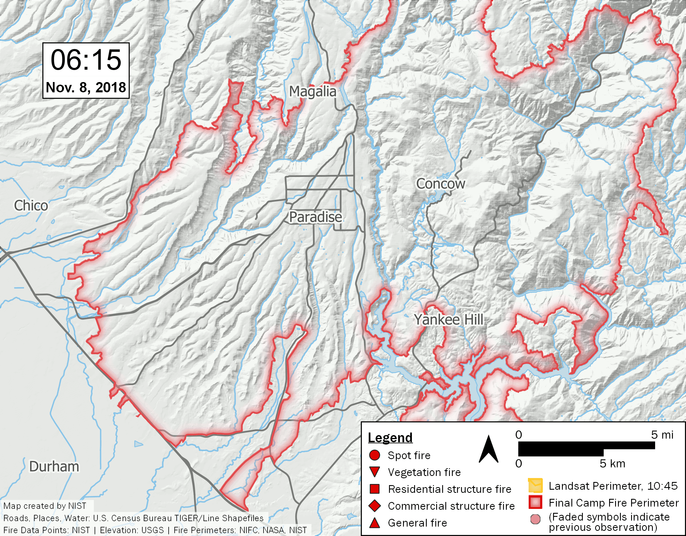 A map of the Camp Fire progression