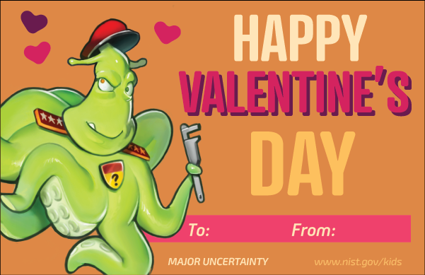 Orange background. Hearts. Major Uncertainty character. Text: Happy Valentine's Day. To and From lines.