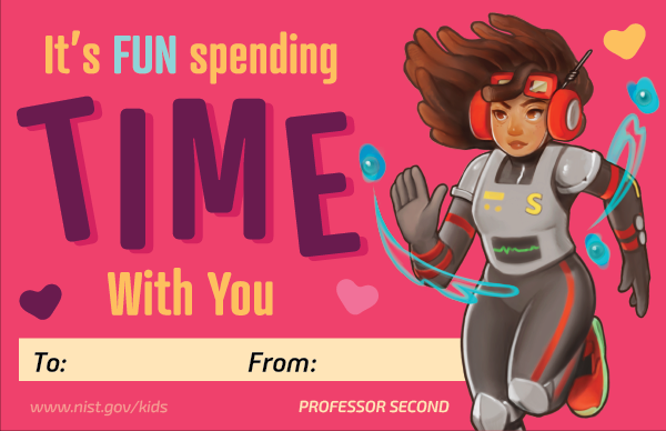 Pink background. Professor Second character. Hearts. Text: It's fun spending time with you. To and From lines.