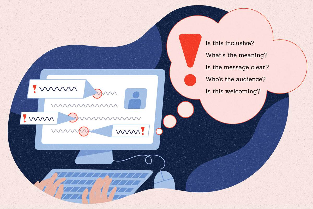 Cartoon illustration shows computer screen with thought bubble asking "Is this inclusive?" and other questions.