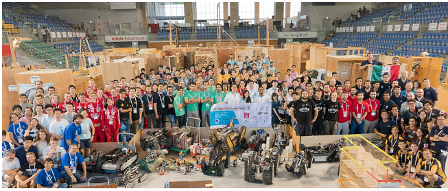 RoboCupRescue competitors in a large arena with obstacles and robots