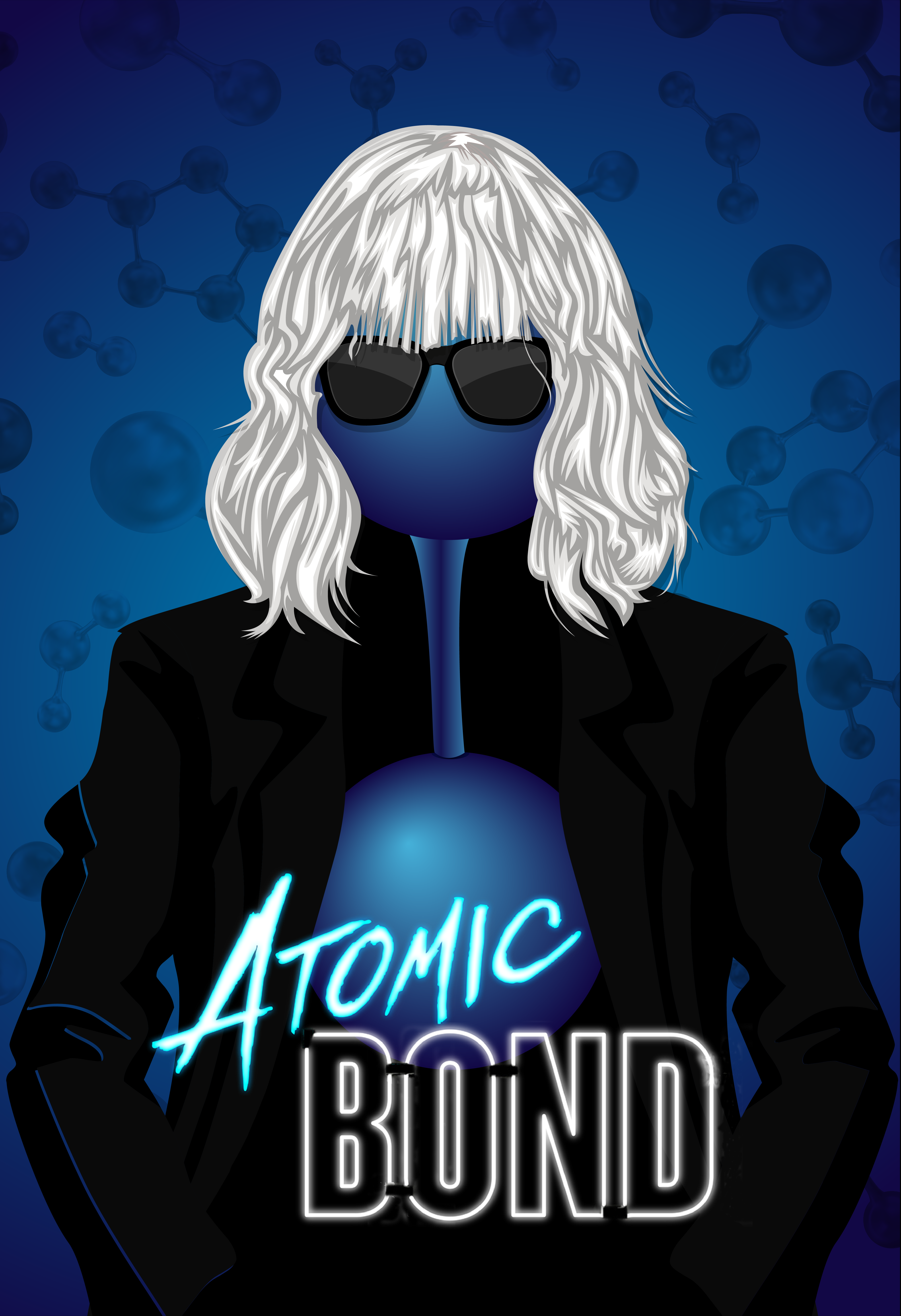 blue background with atoms. Woman with atom as face, white hair, sunglasses. Words Atomic Bond