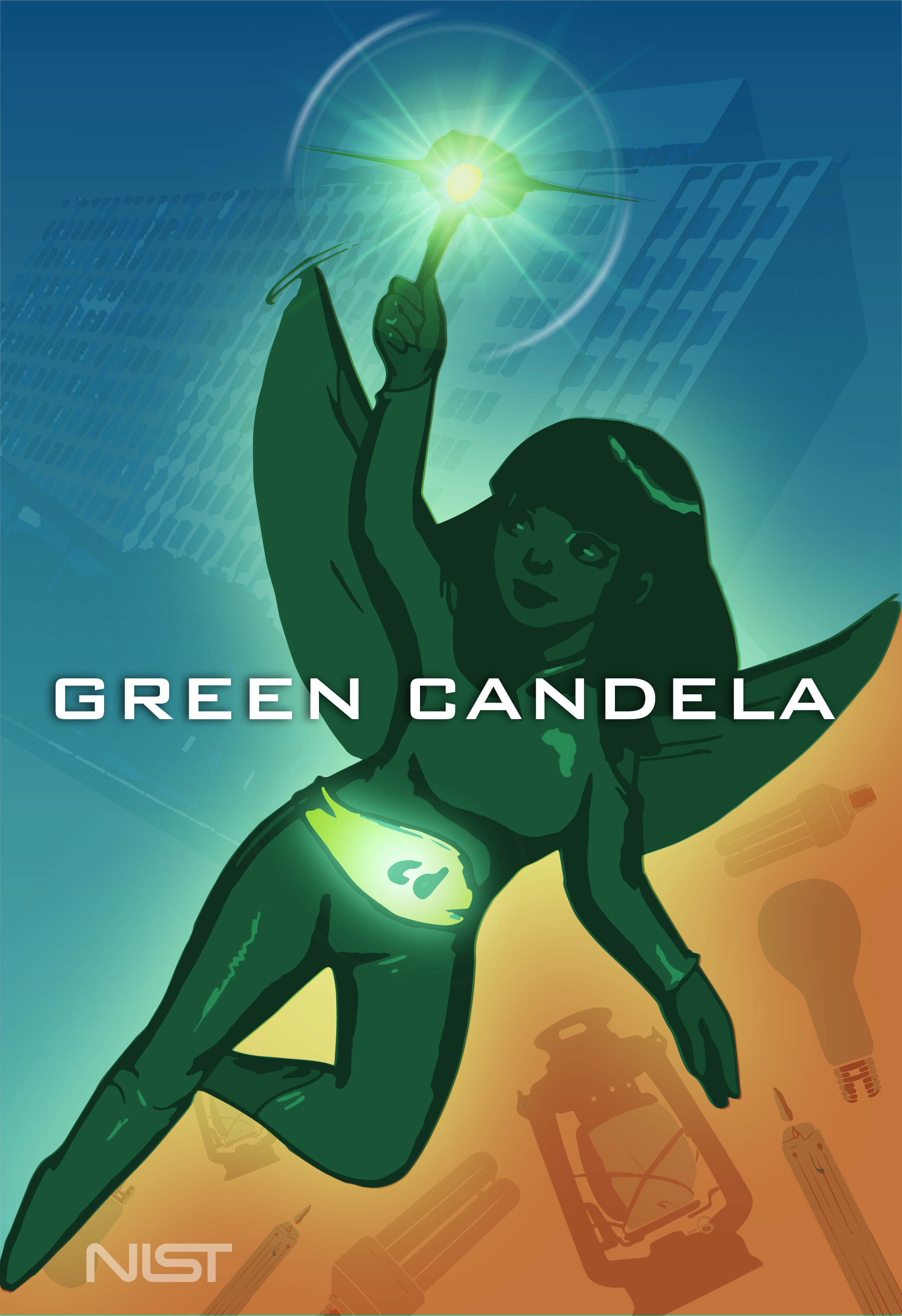 blue top half. faint buildings. yellow bottom right corner. faint outline of past ways we measured light. Candela superhero in green in middle. Words: Green Candela