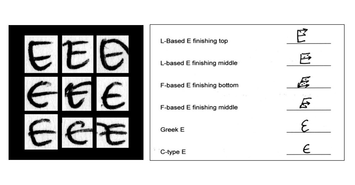 Grid shows nine different ways to write the letter E, with descriptions to the right. 