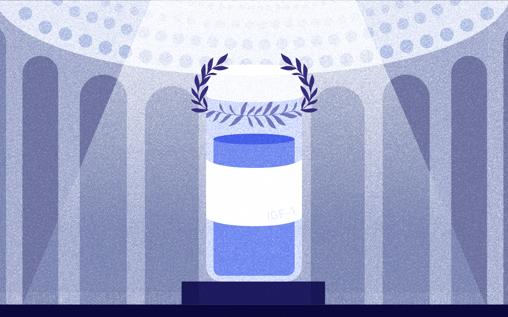 Illustration shows a winner's wreath suspended over a vial labeled IGF-1. 
