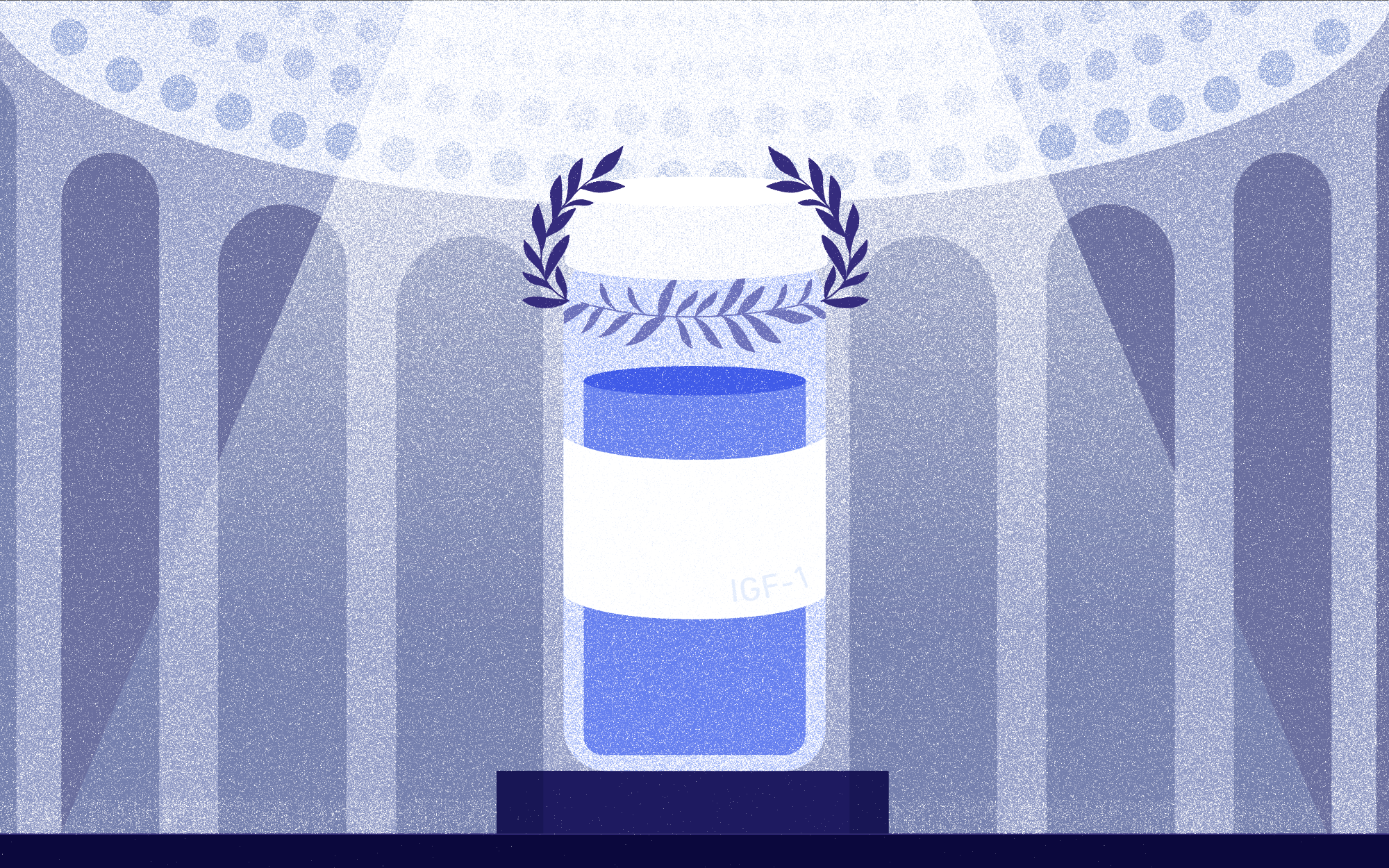 Illustration shows a winner's wreath suspended over a vial labeled IGF-1.
