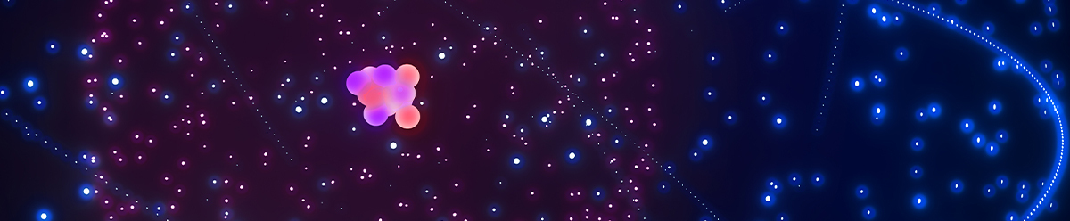Purple-pink neutron in the middle of a background of purple and blue