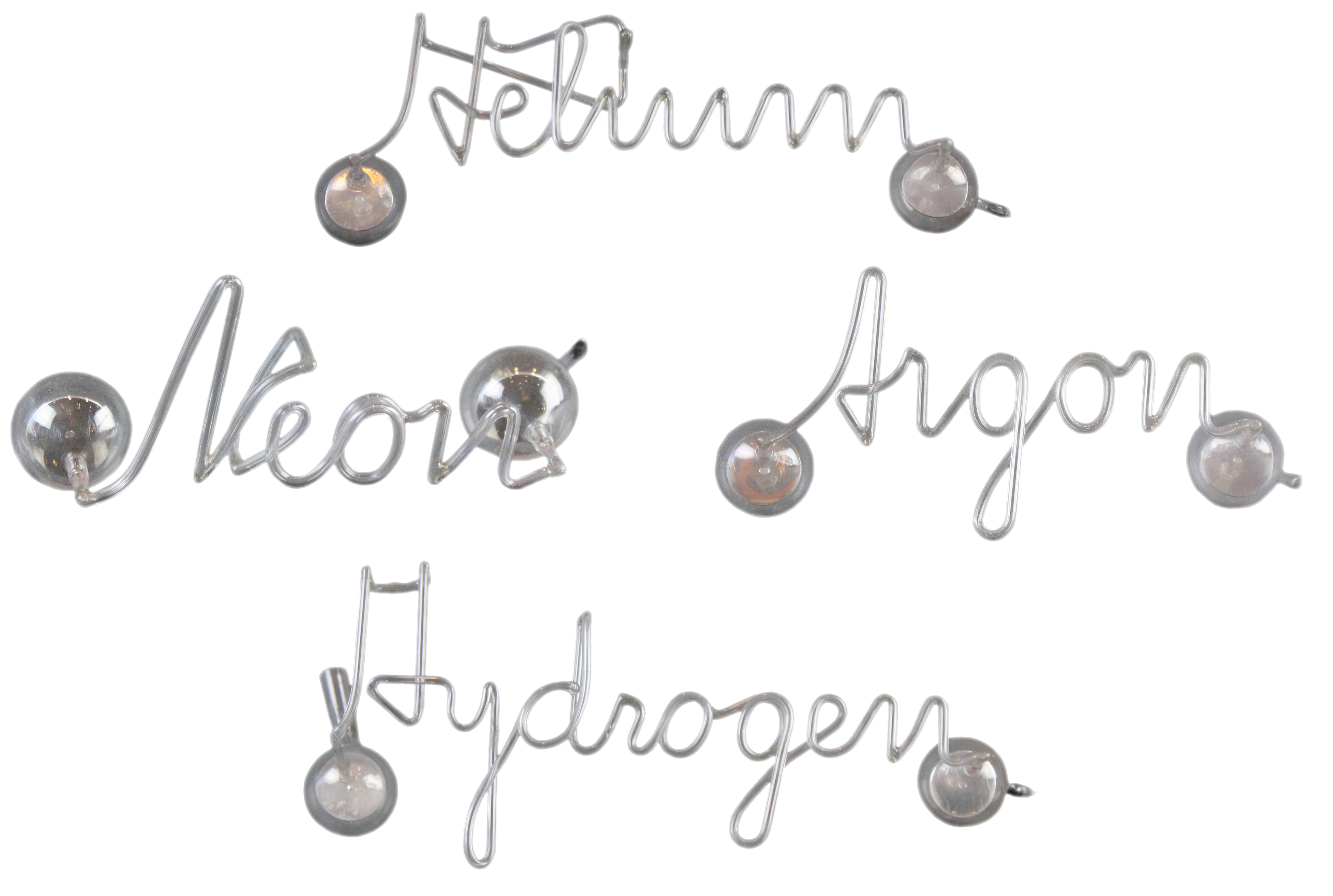 Luminous Script Lights fabricated into the name of the gas they contain, including Helium, Neon, Argon, and Hydrogen.