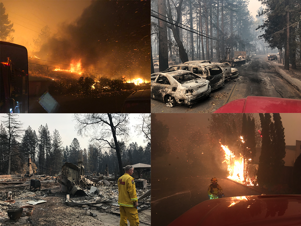 A collage of four images from the 2018 Camp Fire, each representing a factor that significantly influences wildfire severity.