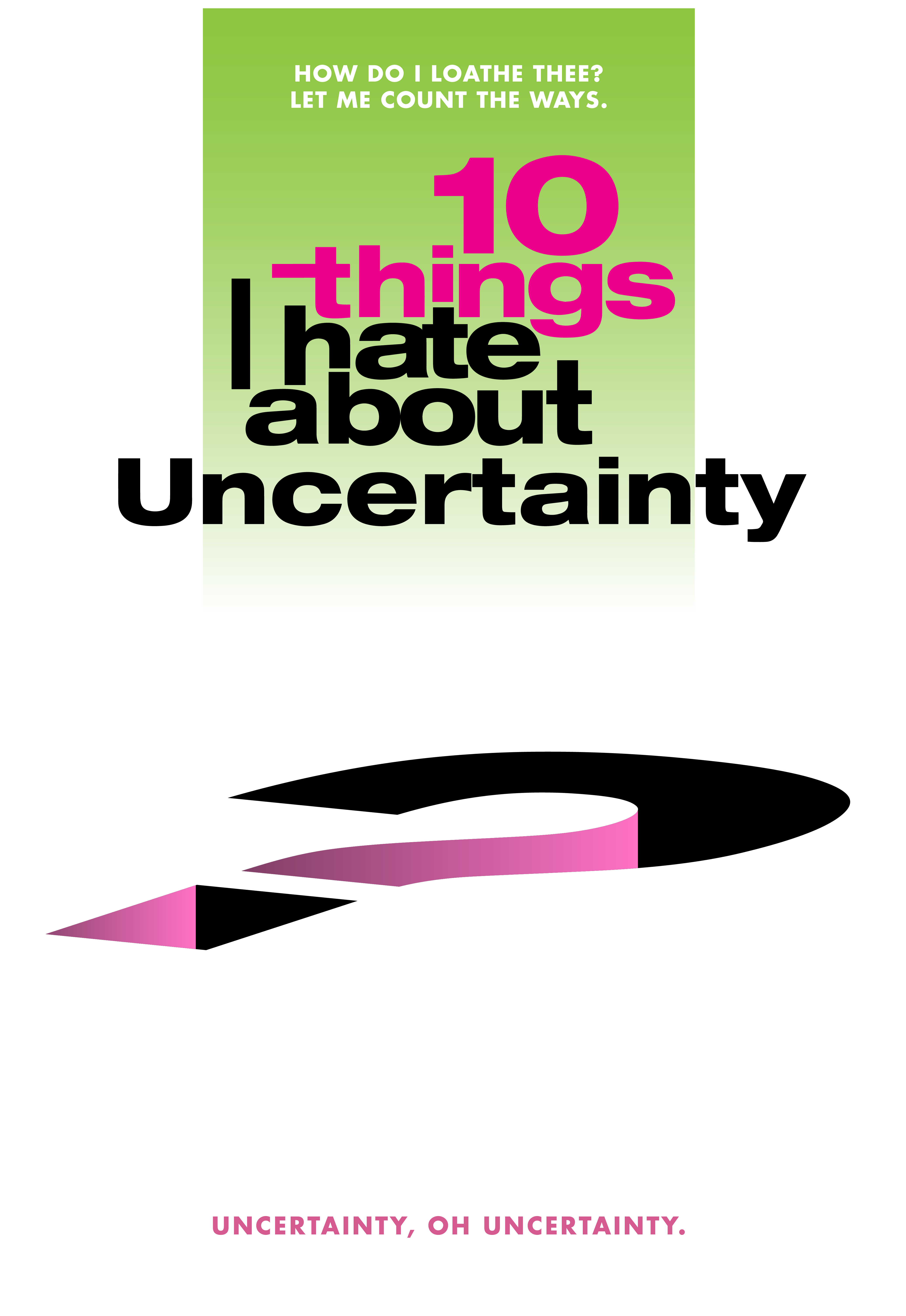 Green box. Text: How do I loathe thee? Let me count they ways. Then text: 10 things I hate about uncertainty. Bit question mark. Text: Uncertainty. Oh uncertainty.