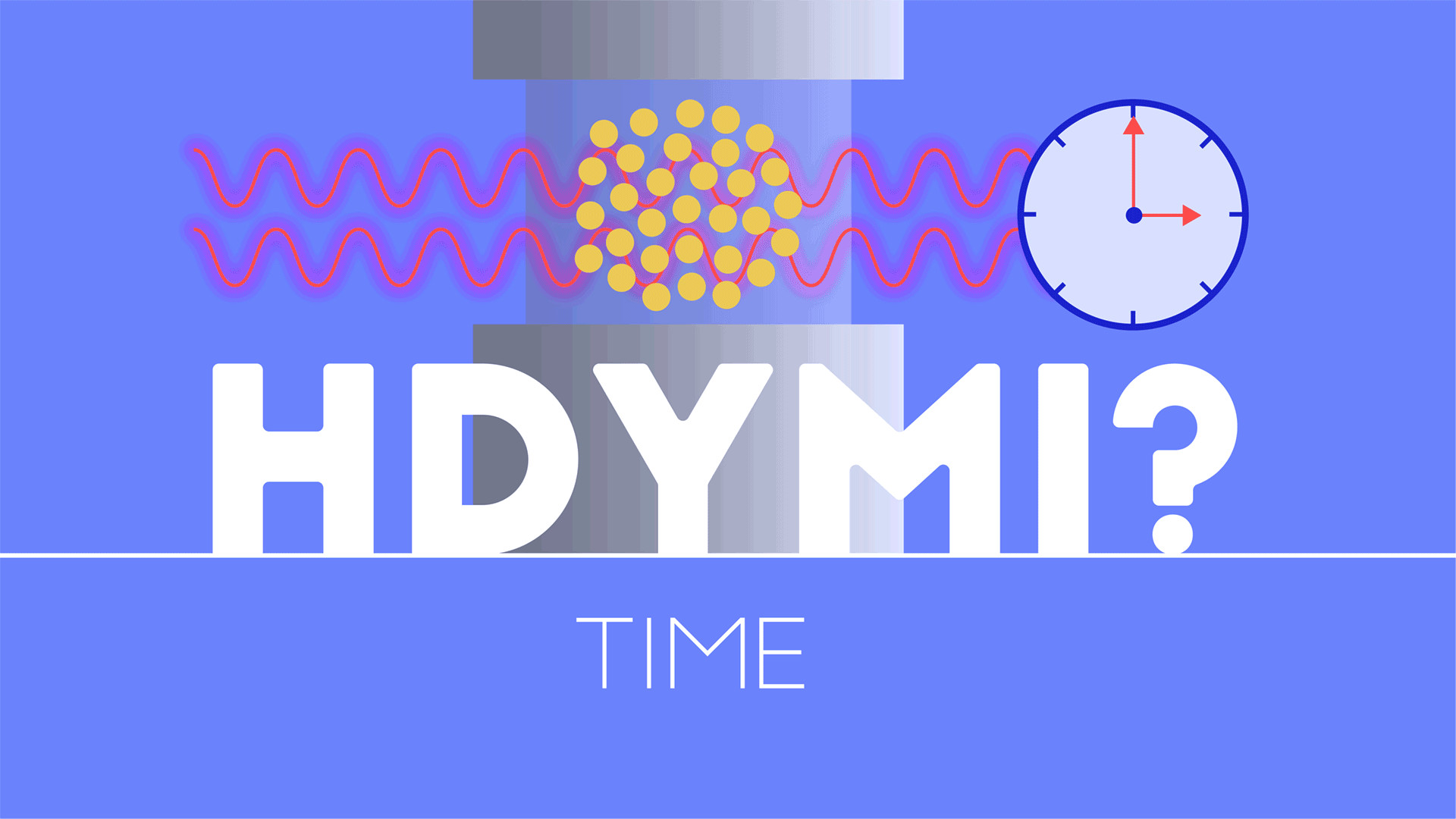 Animated illustration shows a clock, waves moving through dots, and the words "HDYMI? TIME."