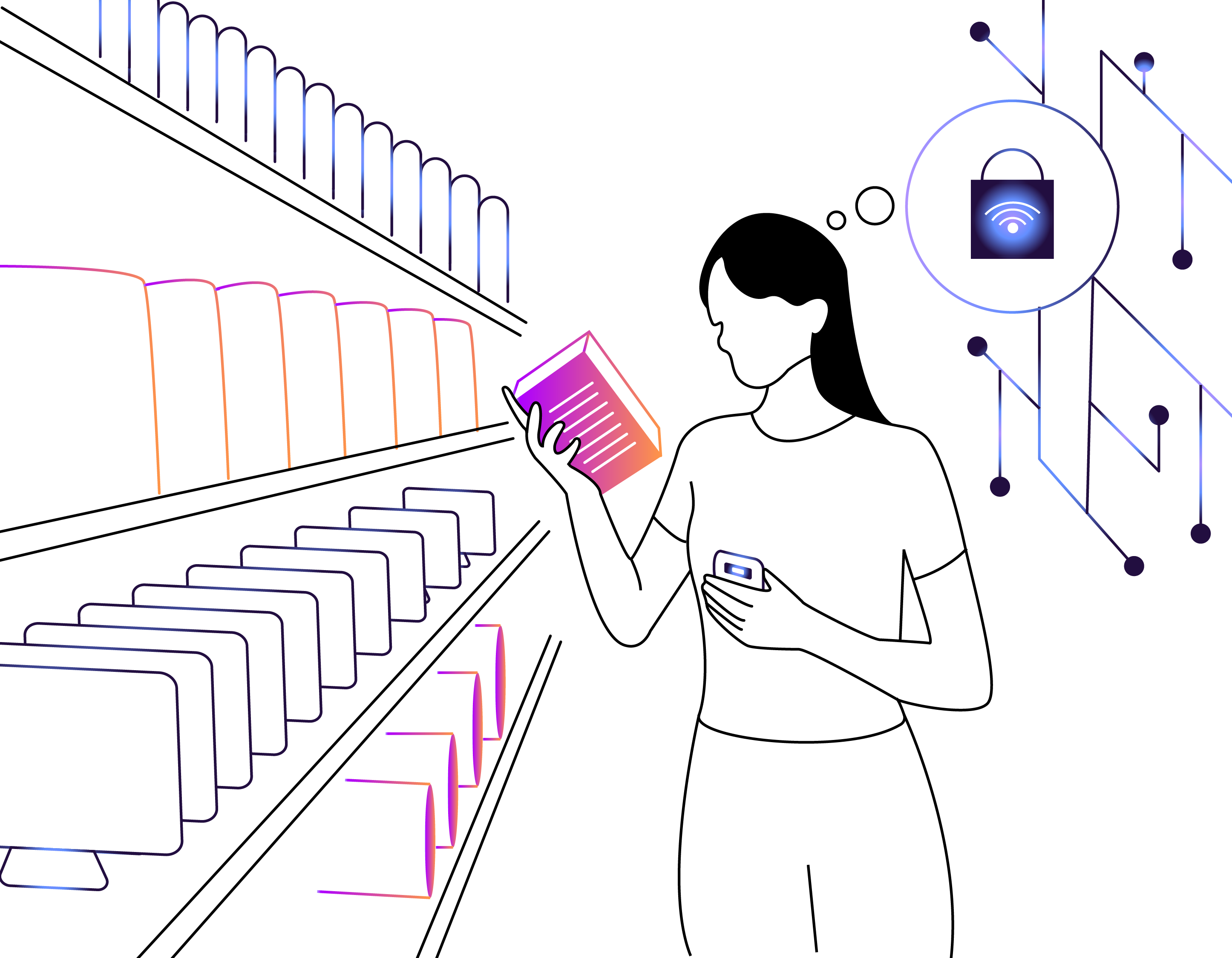 Line drawing: a woman in a store aisle examines a label while a thought bubble shows a padlock.