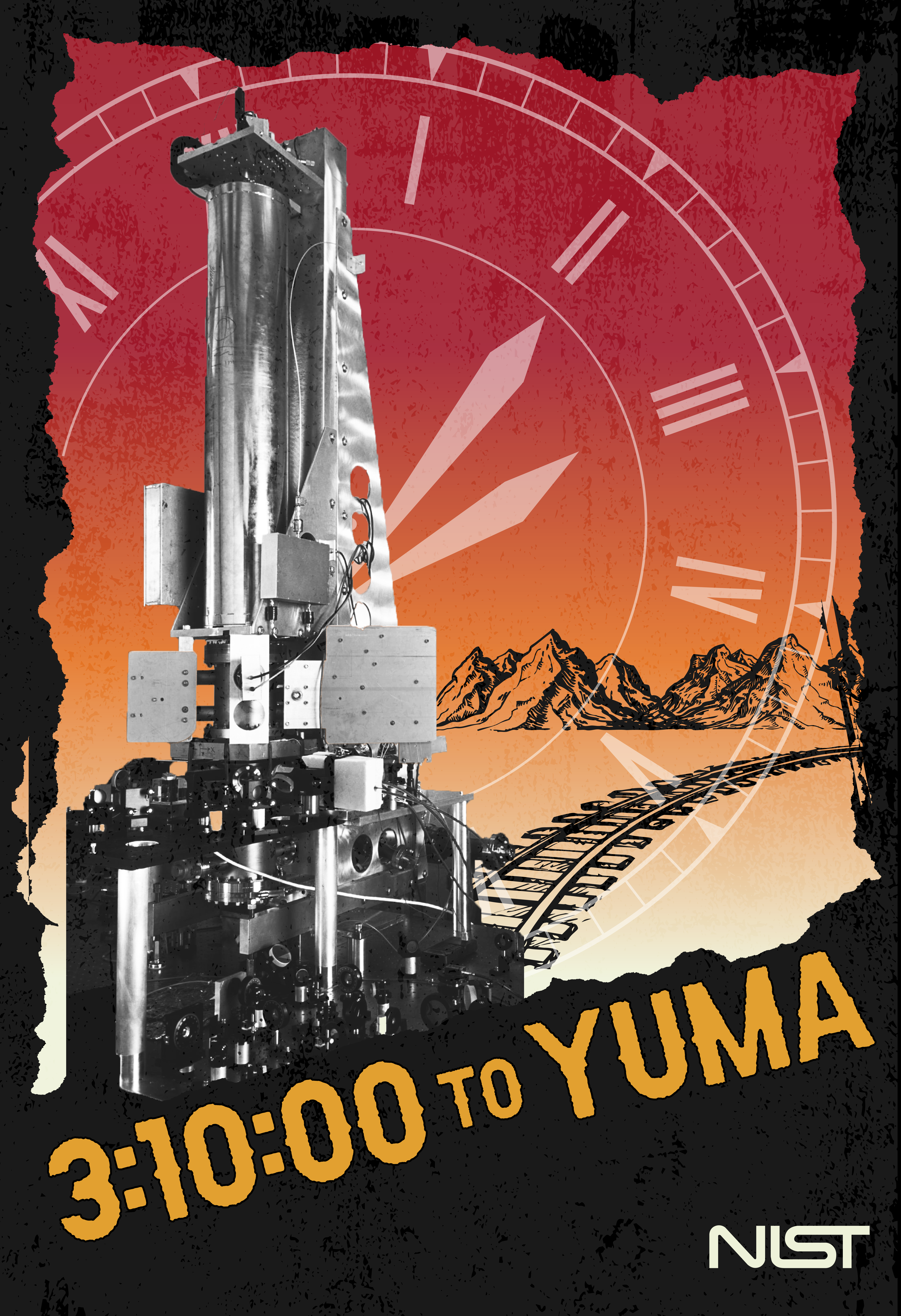 Sunset background. White clock overlaid. Mountains in background. Train tracks. Foreground: black and white of atomic clock. Words: 3:10:00 to Yuma