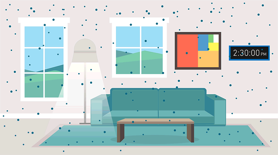 Animation shows particles as blue dots circulating through a living room via windows, fans and filters.
