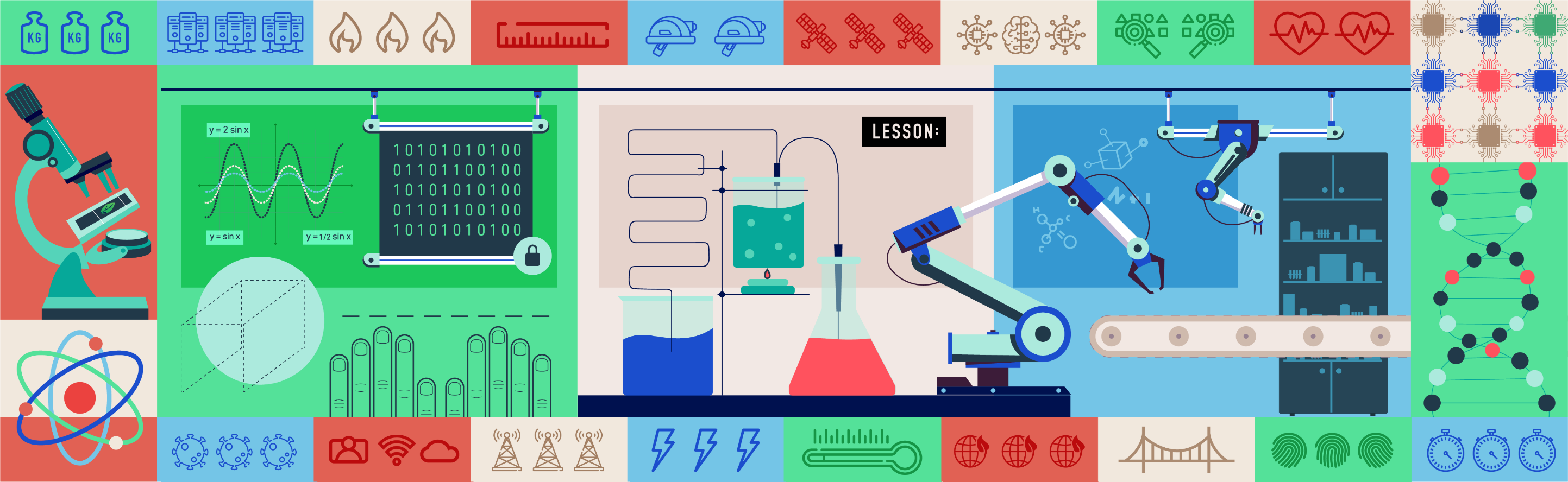 Color graphic that displays a robotic arm, line graph, microscope, and lab setup