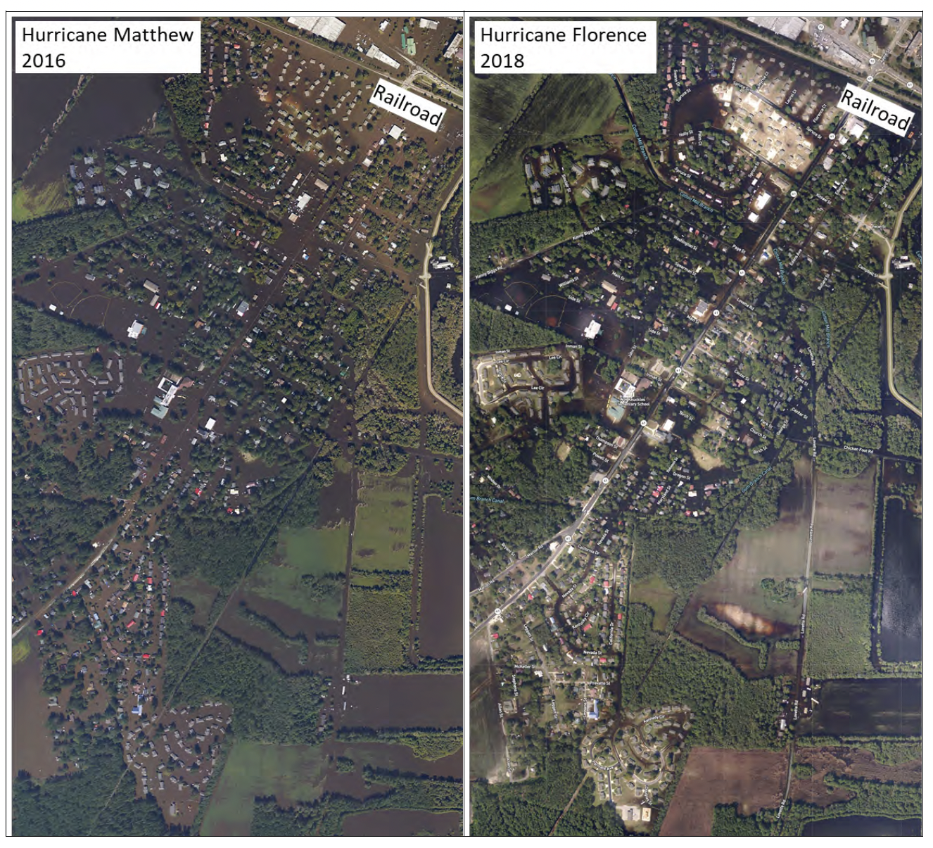 Side-by-side aerial images show flooding in a residential area in 2016 and 2018.