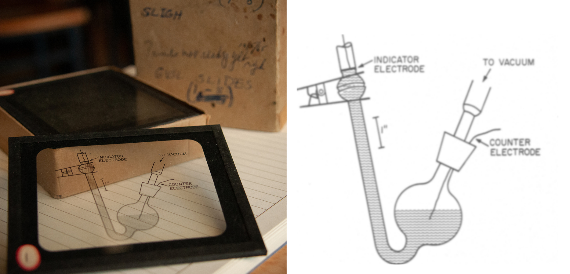 Composite shows slide on the left and diagram of galvanostalametry apparatus on the right.