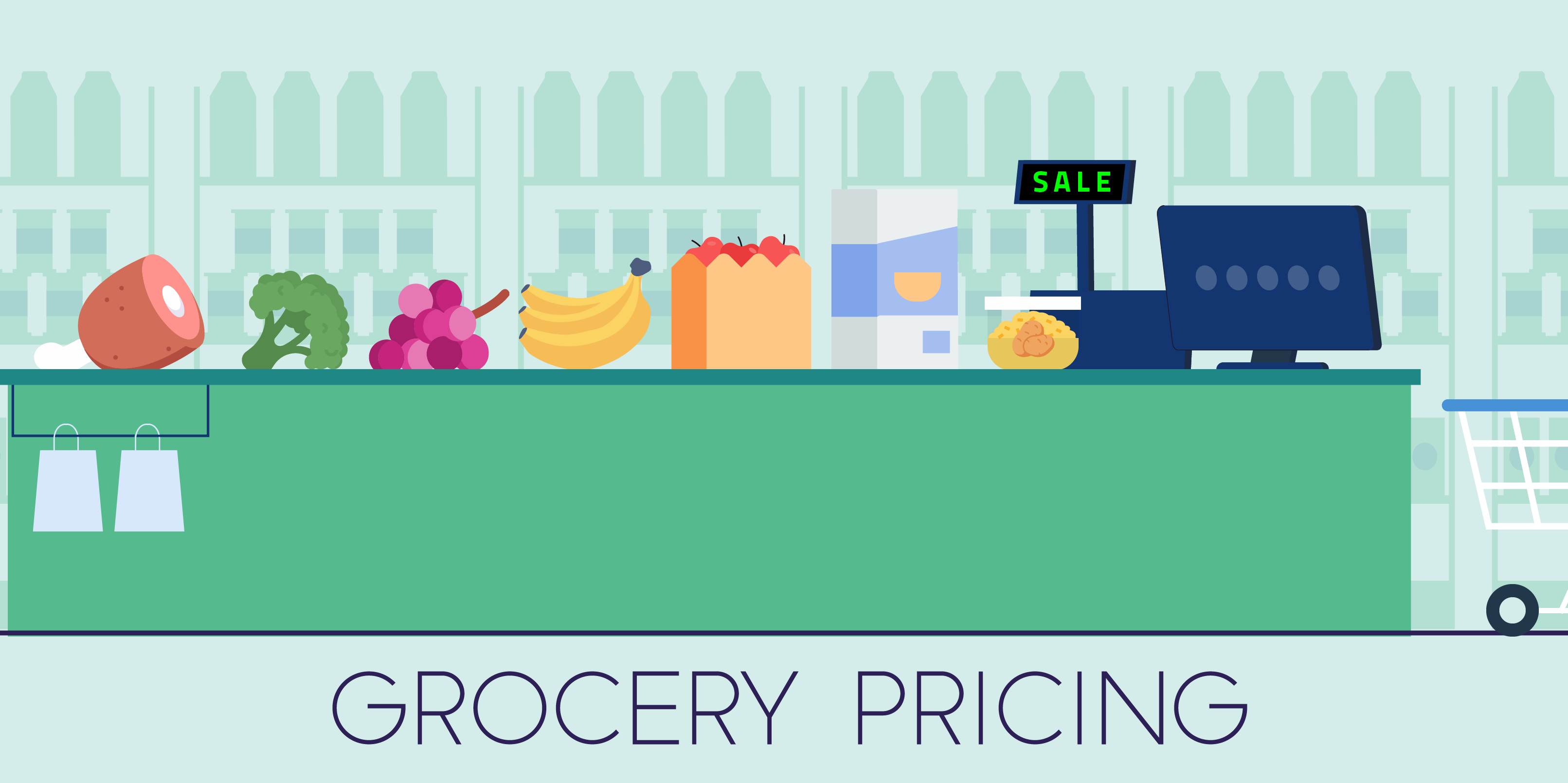 Illustration shows grocery items like meat, broccoli and bananas on the checkout counter with the words "Grocery Pricing."