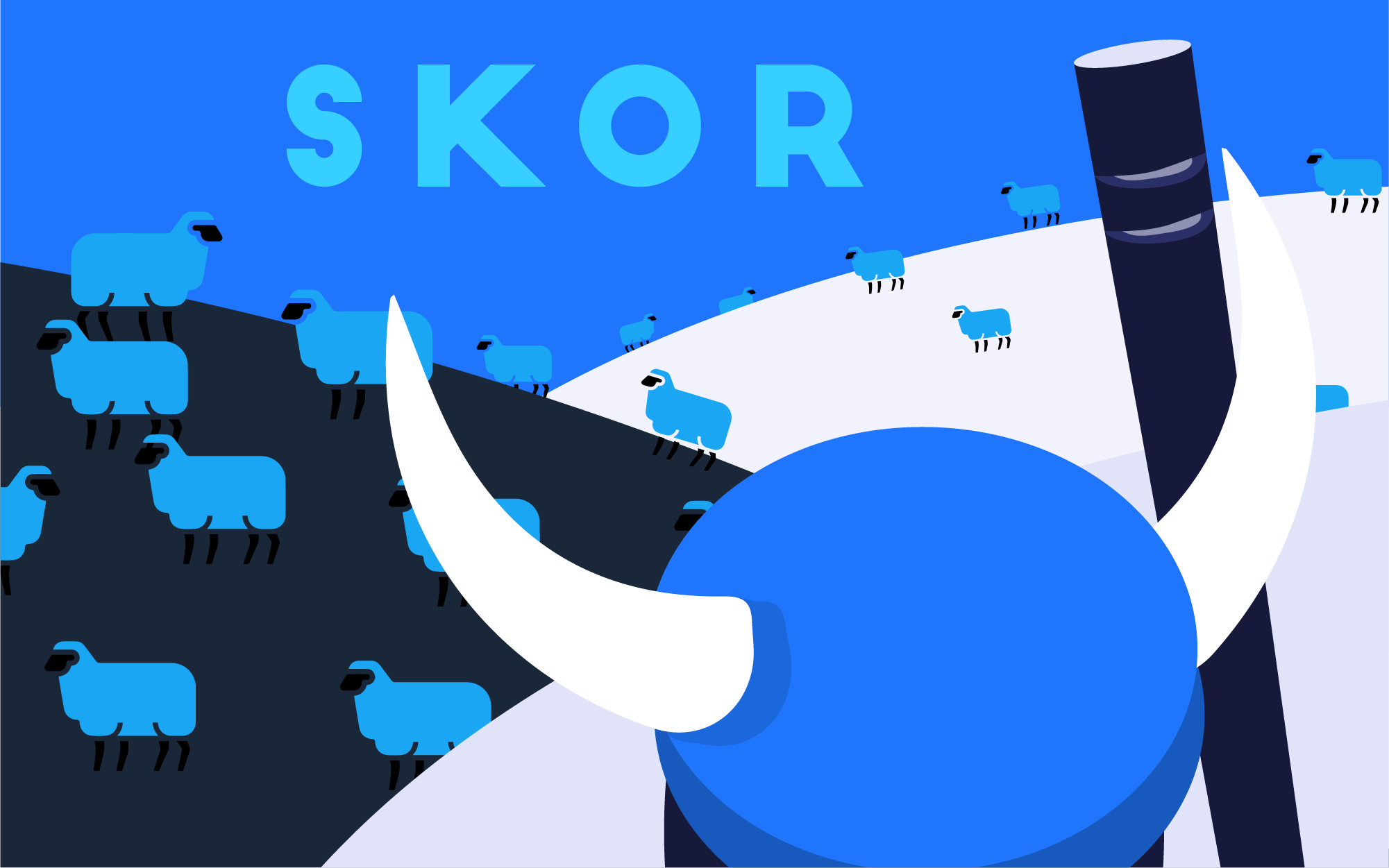 Illustration shows the word "SKOR" with a horned helmet, a stick and pastures with sheep. 