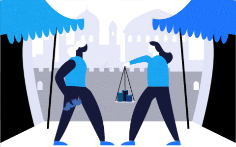 Animated illustration shows two people, one lifting a bat shape and the other holding a scale. 