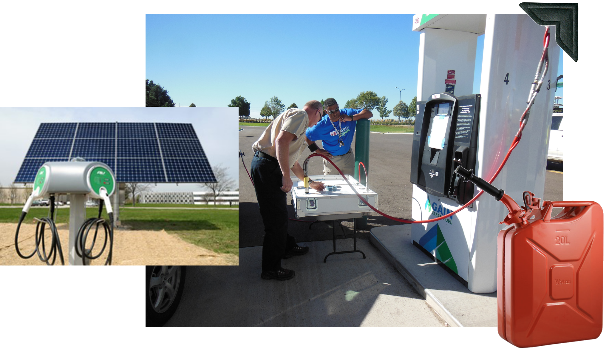 Large photo shows two men testing a gas pump; left inset shows solar panels; right inset is a red gas can. 