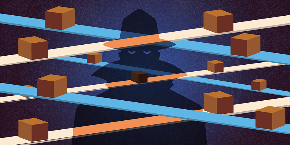 A shadowy figure stands among conveyor belts, which carry a number of brown packages. 