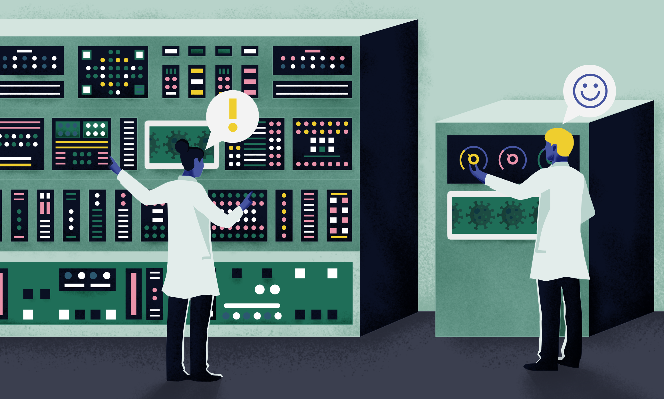 A large, complex machine (at left) sports a vast control panel filled with thousands of unlabeled switches, frustrating its user. Another smaller machine (at right) with just a few simple dials makes its user happier.