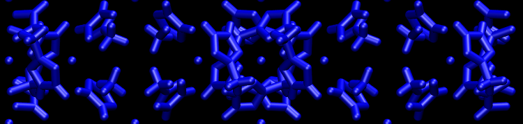 Blue crystalline structures in a repeating pattern with small blue spheres on a black background.
