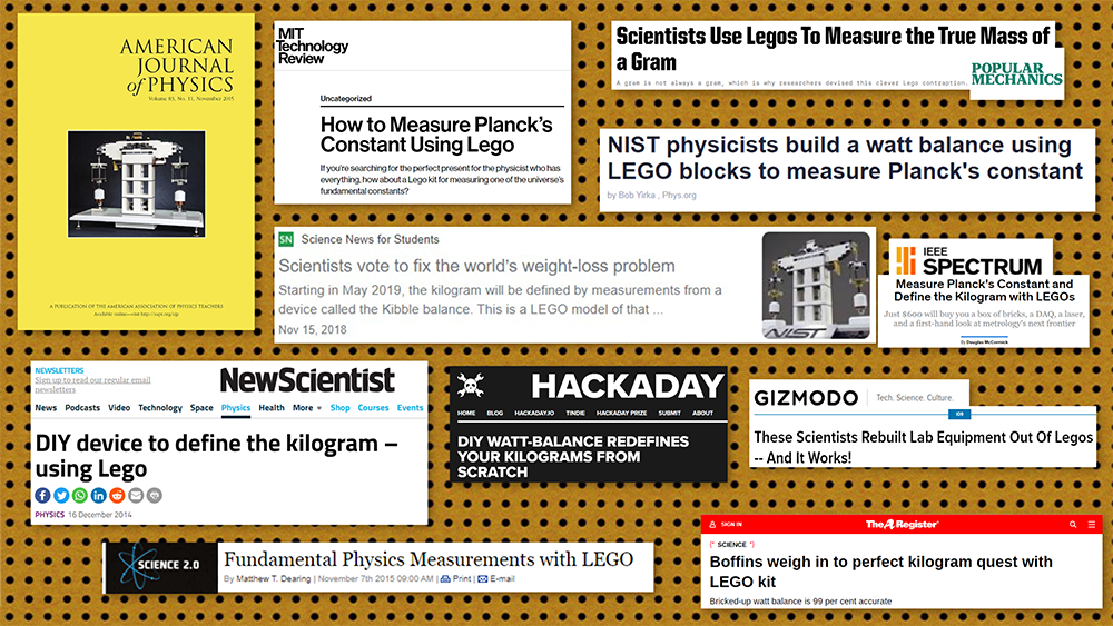 Collage on pegboard background includes headlines and journal covers relating to the Lego Kibble balance. 