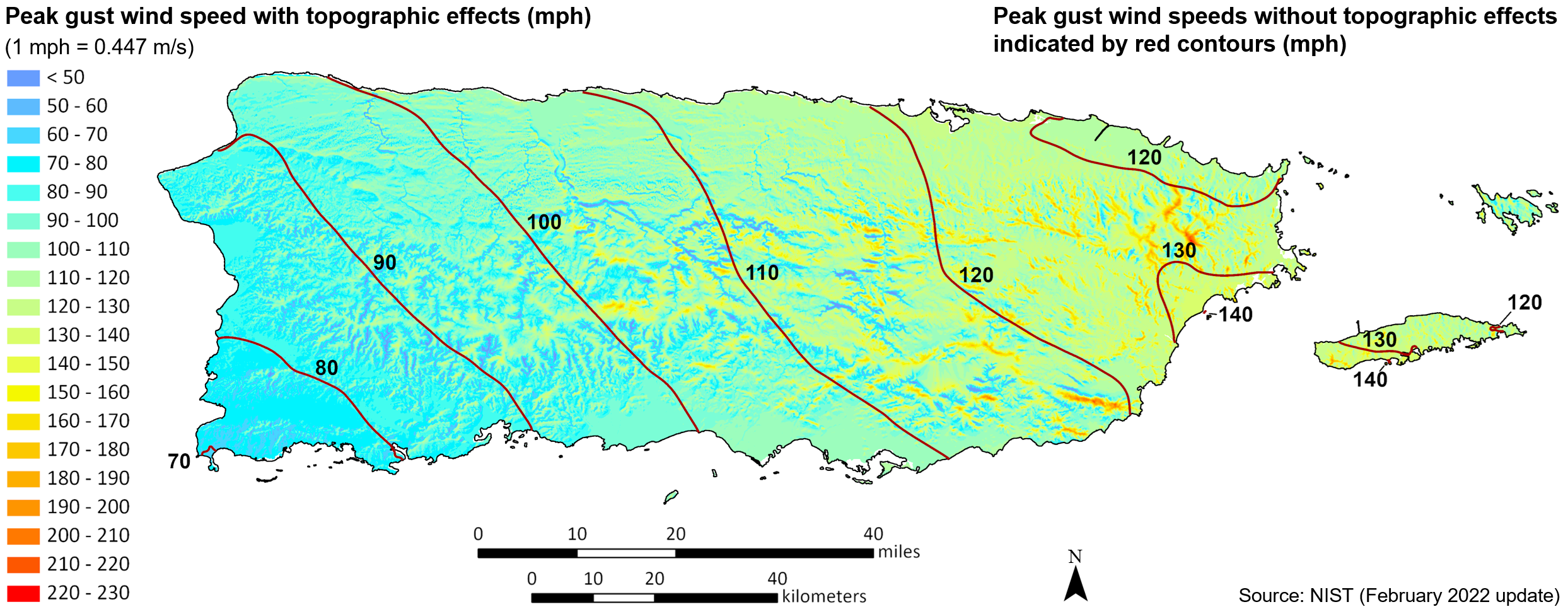 Map of Puerto Rico shows color variations based on wind speed.