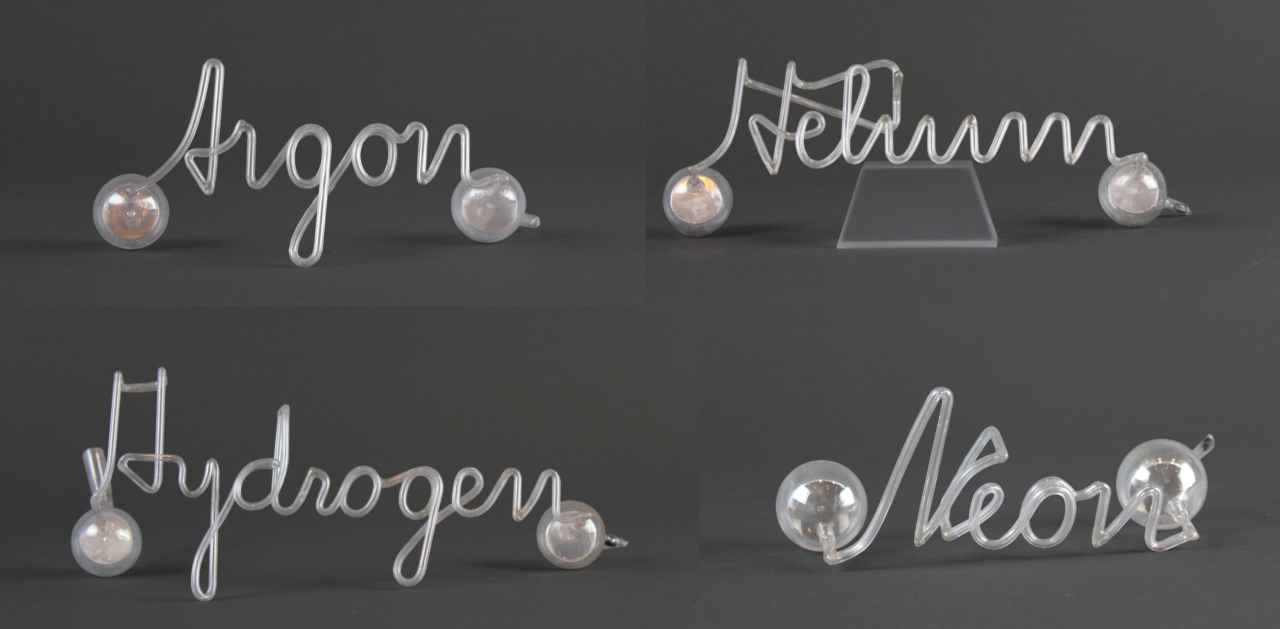 Photographs of Argon, Helium, Hydrogen, and Neon luminous script signs designed by Perley G. Nutting and fabricated by Edward O. Sperling of NBS in 1904.