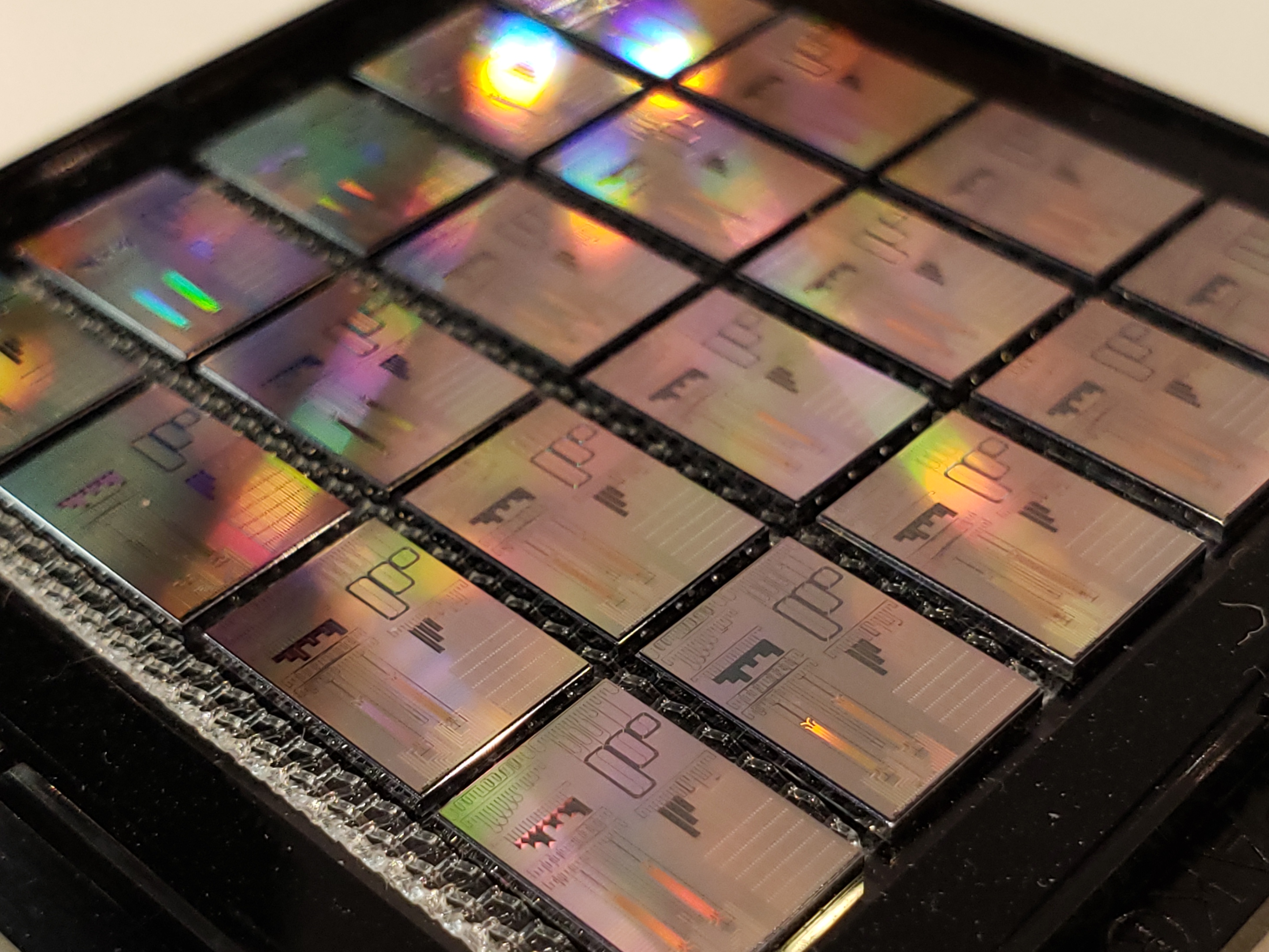 A grid of shiny computer chips with repeating patterns inscribed on their surfaces, shown at an angle. 