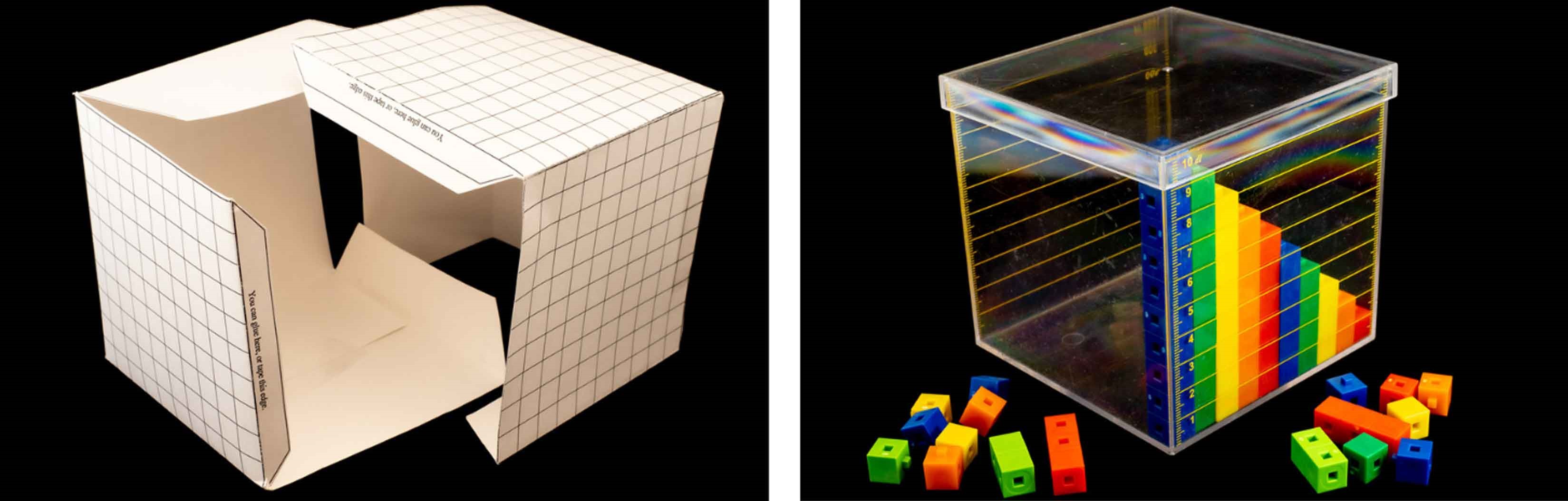 Two photos show liter models: A paper cube on the left, and a plastic cube with colored blocks inside on the right. 