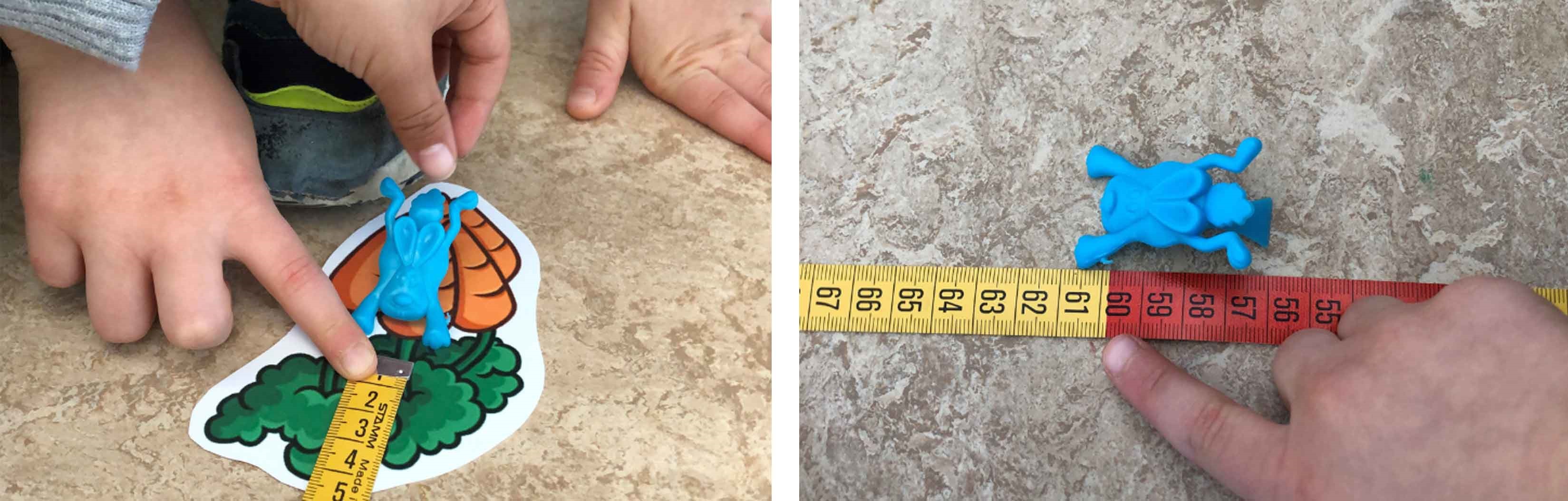 Two close-up photos of children's hands on the floor using measuring tapes to measure how far a plastic rabbit has "jumped."