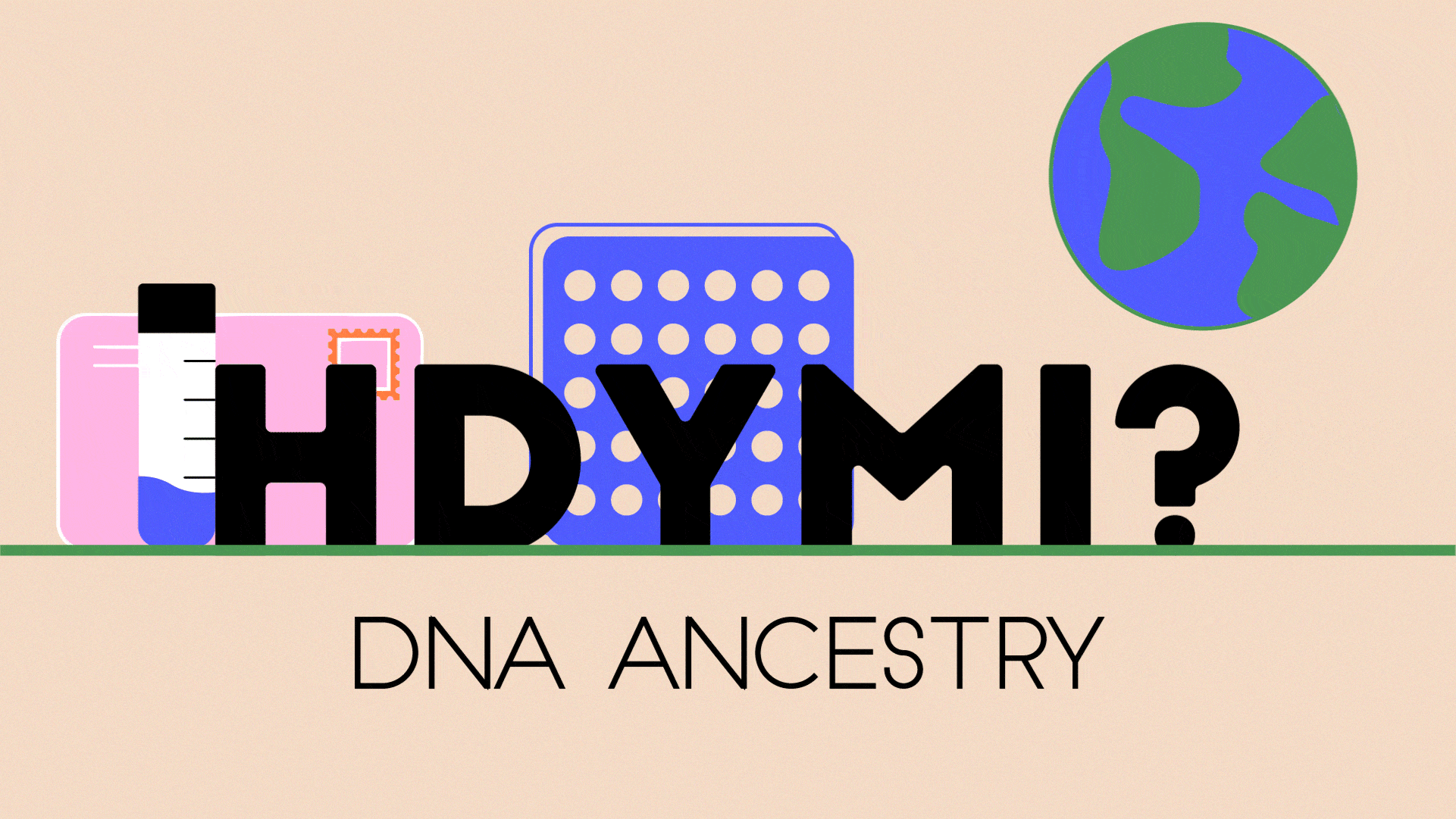 Animated image shows a test tube and an envelope moving to a grid and a DNA helix, while person markers move around on a globe appear over the words "HDYMI? DNA ANCESTRY."