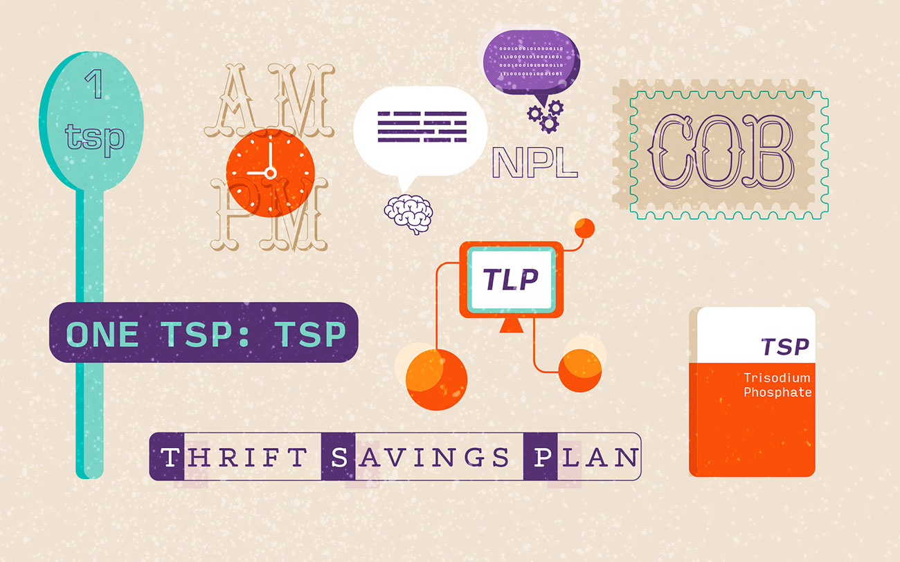 Illustration shows different meanings of TSP, like a teaspoon, a Thrift Savings Plan, and trisodium phosphate.