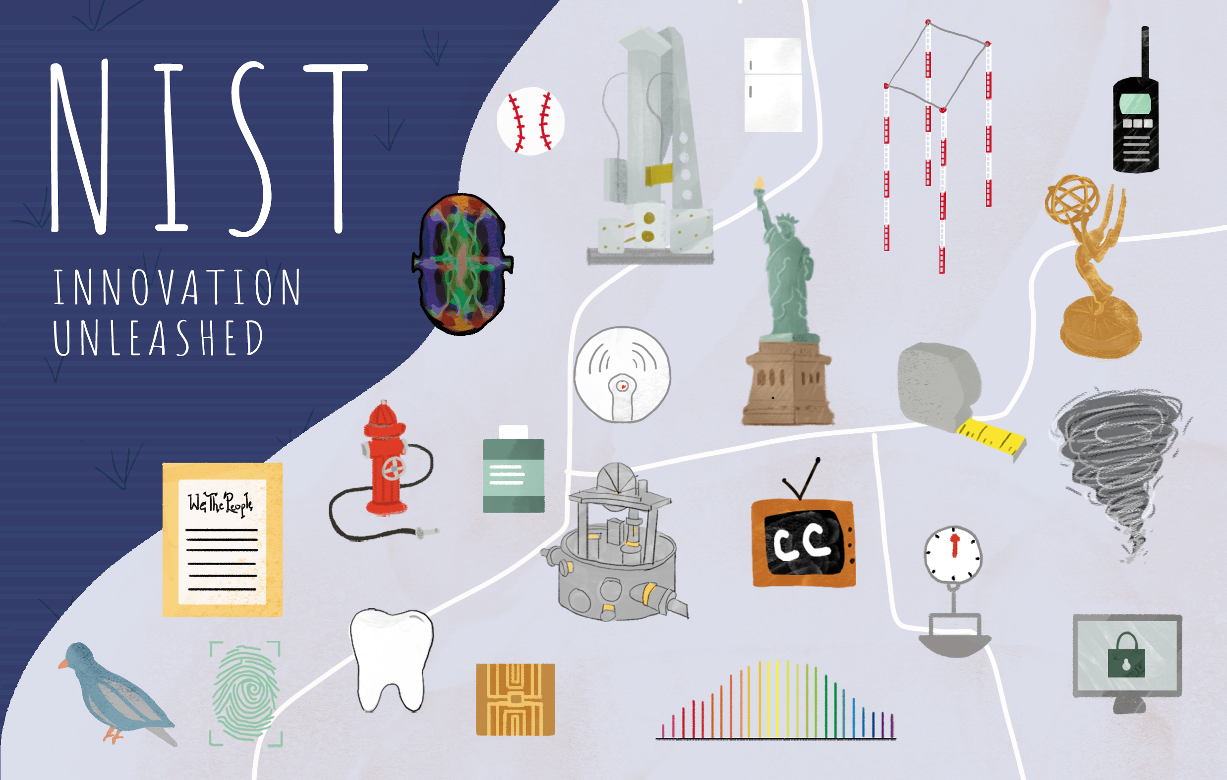 Postcard reads "NIST Innovation Unleashed" with hand-drawn icons like a baseball, walkie-talkie, tape measure, tooth, etc. 