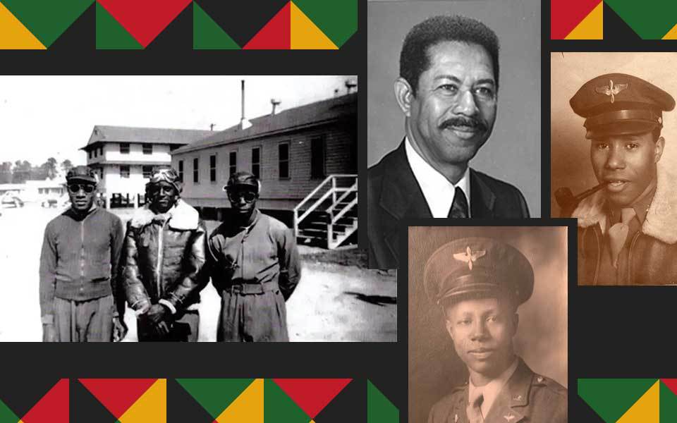 Collage includes four historical photos of Black men in military and office attire on background of gold, green, black and red. 
