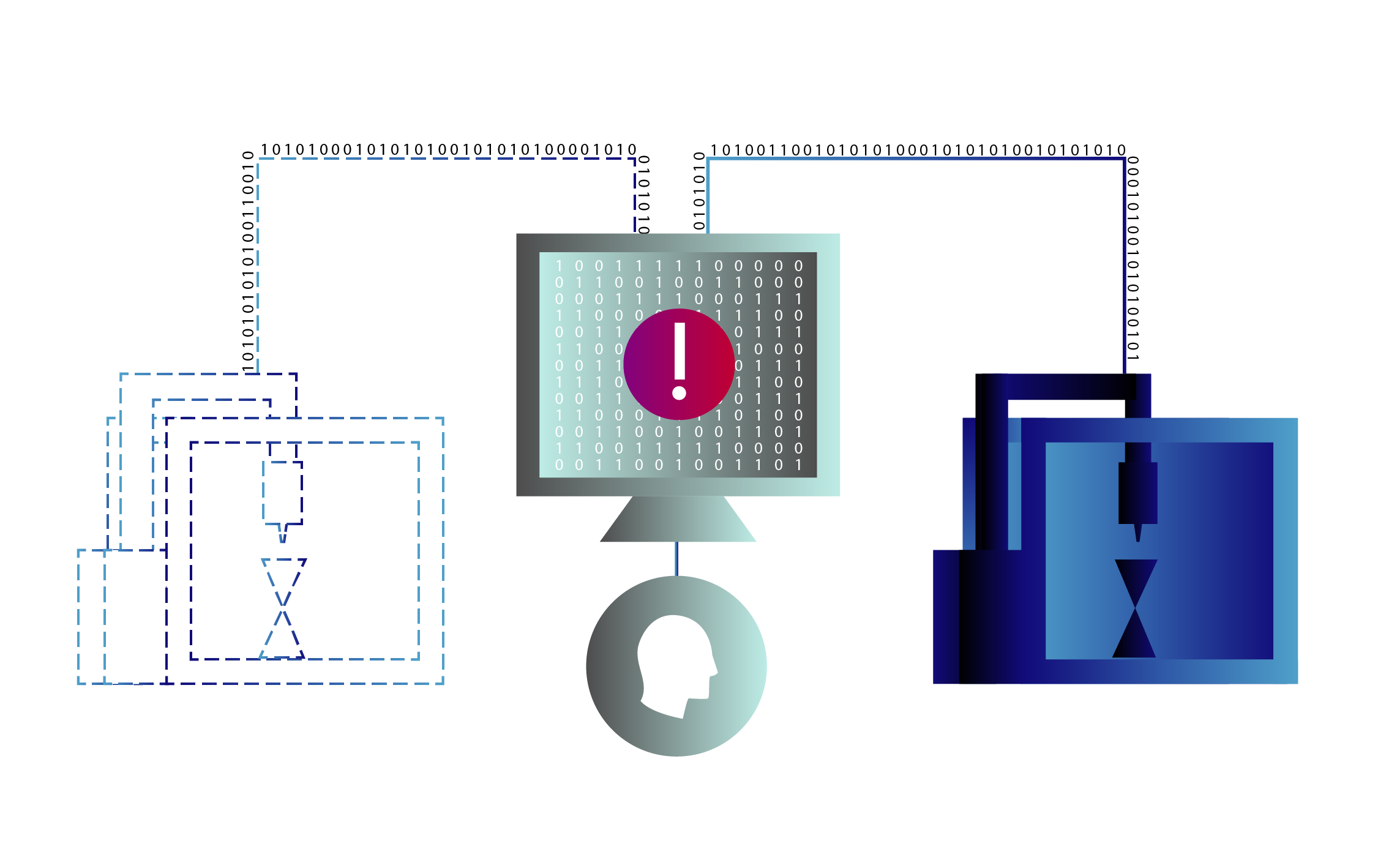 A graphic illustrates information flowing from both real and digital 3D printers on either side of a computer monitored by a person.