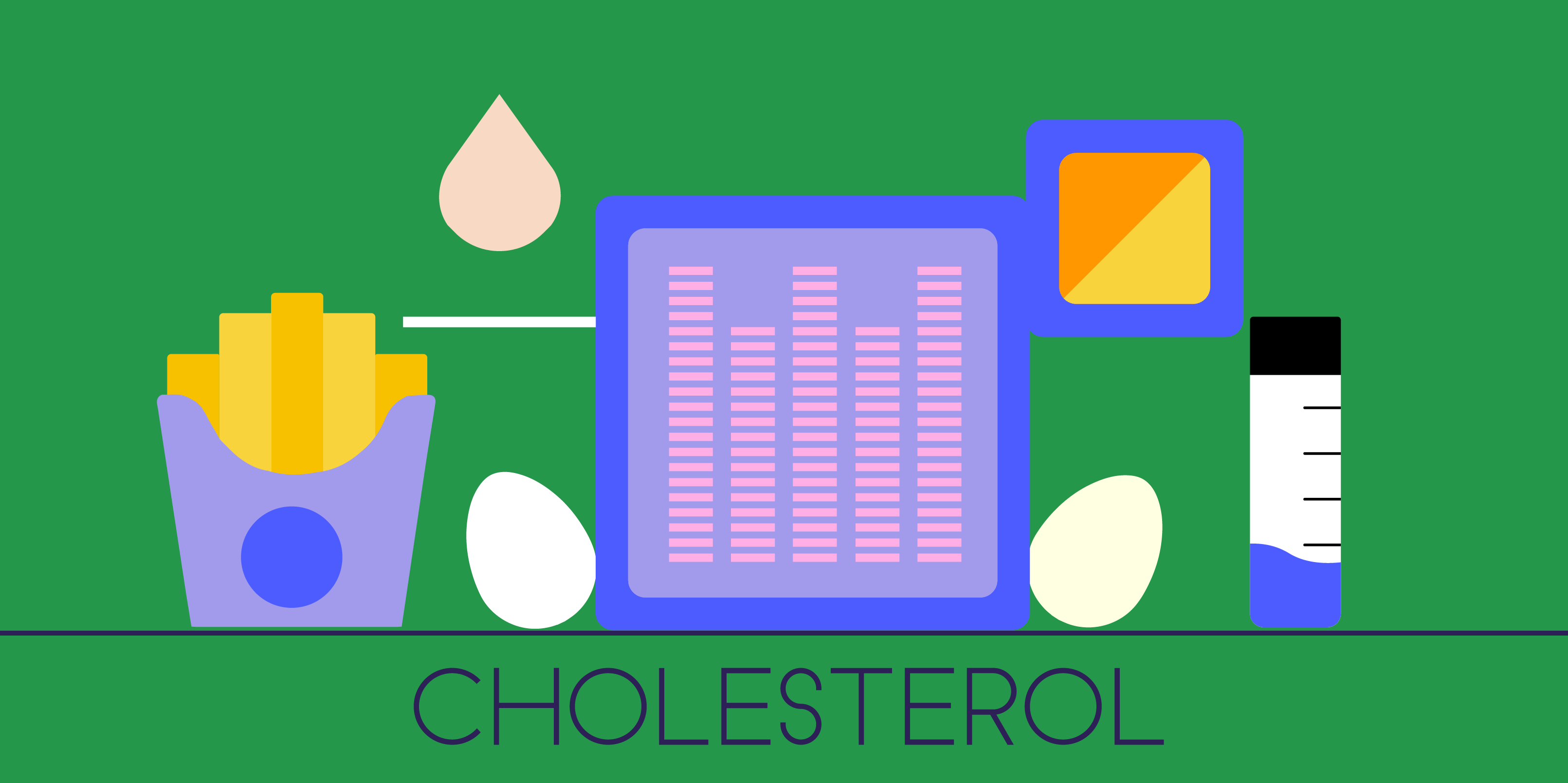 Illustration labeled "Cholesterol" shows french fries and eggs alongside a test tube and test results.