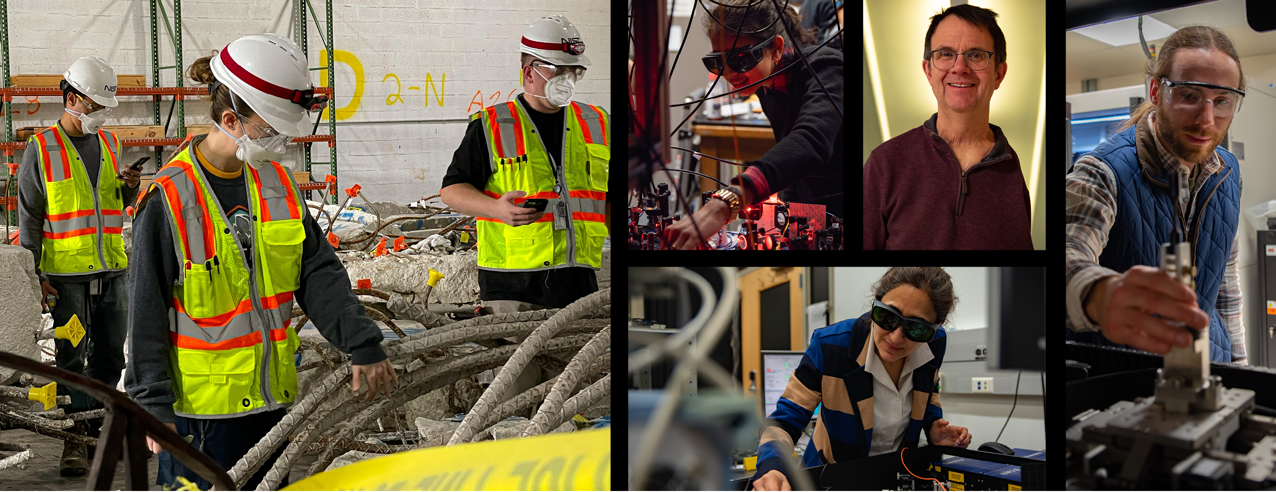 top left: people in hardhats and vest with steel; middle top left: woman at laser table; middle top right: portrait show; bottom middle: woman at laser table; right: man at laser table