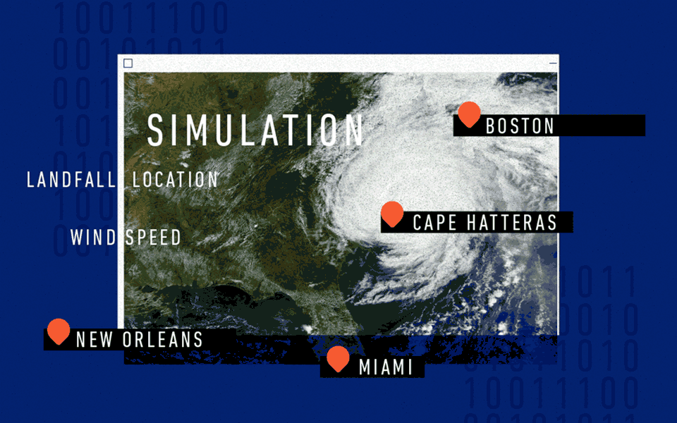 A computer window depicts an overhead view of an Atlantic hurricane making landfall on the U.S. East Coast.