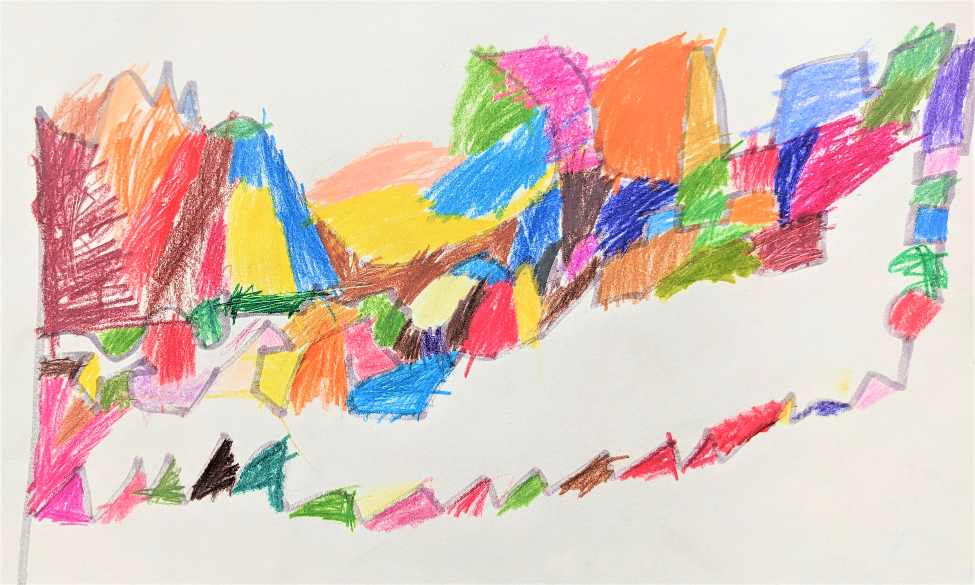Child's artwork in crayon with brightly colored abstract shapes