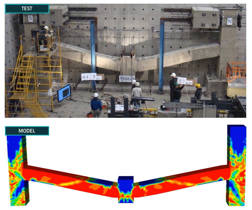 Photo on top showing researchers studying a large concrete structure on a wall; image on bottom showing a heat map of forces on a similar simulated structural column.